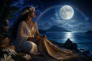 Hina sitzt oder steht in blauem Mondlicht nahe dem Meer, umgeben von Nacht und sanften Wellen, ohne Schrift oder Logos.