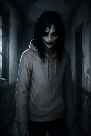 Pale Horrorfigur mit langem schwarzem Haar und unheimlichem Grinsen steht in einem dunklen Flur ohne Schrift oder moderne Gegenstaende.
