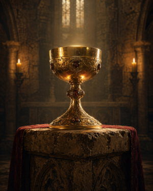 Leuchtender goldener Kelch auf einem steinernen Altarsockel in einer dunklen mittelalterlichen Kapelle, von weichem Licht umgeben, ohne Schrift oder Logos.