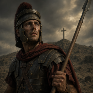 Ein roemischer Soldat mit Speer steht in geduckter Haltung unter einem dunklen Himmel, waehrend im Hintergrund ein angedeutetes Kreuz und gedaempftes Licht eine ernste Passionsszene evozieren.