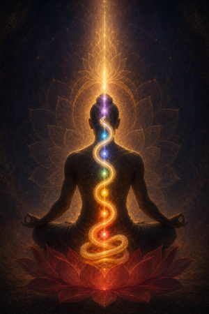 Meditierende Gestalt mit leuchtender Schlangenenergie, die aus dem unteren Koerperbereich entlang der Wirbelsaeule aufsteigt, umgeben von warmem Licht, Lotusformen und dunklem Hintergrund ohne Schrift.