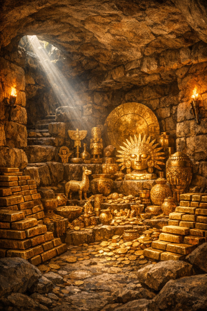 Eine verborgene Steinkammer in den Anden mit goldenen Artefakten, Inka-Motiven und Lichtstrahlen von oben, ohne Schrift oder moderne Gegenstaende.
