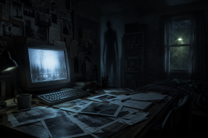 Ein dunkler Raum mit altem Computer, verstreuten Bildern und einer undeutlichen schattenhaften Gestalt im Hintergrund vermittelt die Stimmung digitaler Horrorlegenden.