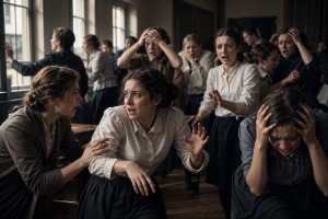 Eine Gruppe junger Frauen in einem Klassenraum reagiert sichtbar panisch und desorientiert, waehrend sich die Unruhe in der ganzen Gruppe ausbreitet, ohne Schrift oder Logos.