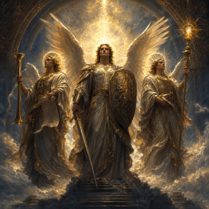 Drei majestetische Erzengel in goldblauem Licht, einer mit Schwert und Schild, einer mit Schriftrolle oder Trompete, einer mit Stab, ohne Schrift oder moderne Gegenstaende.