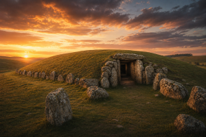 Neolithischer grasbewachsener Langhuegel mit steinernem Kammerzugang in offener Hügellandschaft bei tief stehender Sonne, ohne Schrift oder Logos.