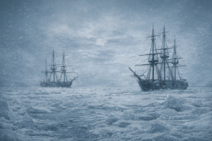 Zwei hoelzerne Expeditionsschiffe liegen fest im arktischen Packeis unter einem grauen Himmel, mit kaltem Licht und weitgehend leerer Landschaft.