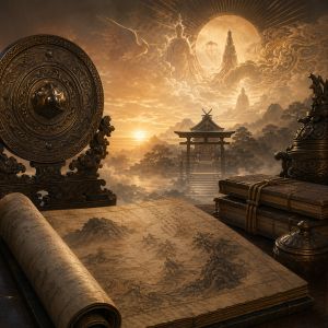 Mythische japanische Handschriftenszene mit Hof, Schrein, Wolken, Sonne und angedeuteten Kami ohne Schrift.