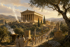 Antikes griechisches Heiligtum in einer sonnigen Huegellandschaft mit Tempelruine, Opferrauch und feierlicher Prozession.