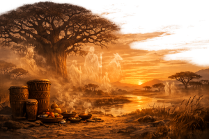 Eine warme afrikanische Abendlandschaft mit Baobabbaum, Trommeln, Opfergaben und stilisierten Geistgestalten ohne Text oder Symbole.