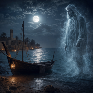 Eine geisterhafte maennliche Gestalt steht in einer mondhellen Nacht am Rand eines ruhigen Meeres, waehrend im Hintergrund ein kleines Fischerboot zu erkennen ist, ohne Schrift oder moderne Gegenstaende.