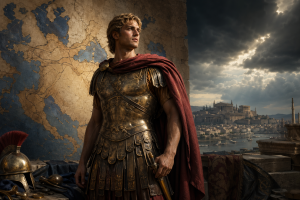 Alexander der Grosse in bronzener Ruestung und rotem Mantel vor einer antiken Weltkarte und einer fernen Stadt unter dramatischem Himmel, ohne Schrift oder moderne Gegenstaende.
