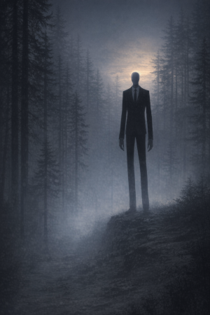 Eine sehr grosse, gesichtslose Gestalt im dunklen Anzug steht in einem nebligen Nadelwald am Rand eines schmalen Waldpfades, ohne Schrift oder moderne Gegenstaende.