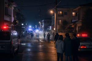 Naechtliche japanische Wohnstrasse mit Einsatzfahrzeugen, Blaulicht, aufziehendem Nebel und gesperrtem Bereich ohne sichtbare Gewalt oder Beschriftung.