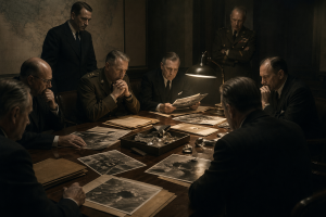 Abgedunkelter Konferenztisch mit anonymen Regierungsvertretern, Aktenmappen, alten Fotografien und geheimnisvoller Atmosphaere ohne lesbaren Text oder Logos.