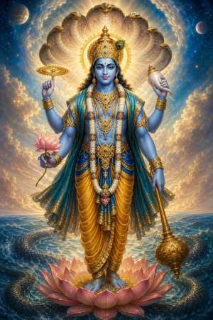 Vishnu als wuerdevolle blau schimmernde Gottheit mit vier Armen, Lotus, Muschel, Diskus und Keule vor kosmischem Hintergrund ohne Schrift oder Logos.
