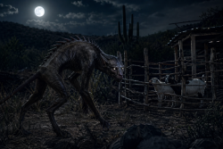 Unheimliches, stachelig wirkendes Wesen mit leuchtenden Augen in einer naechtlichen laendlichen Szene zwischen Ziegengehege und trockenem Buschland, ohne Schrift oder Logos.