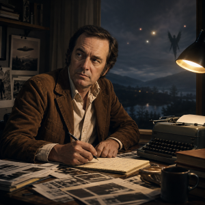 John Keel an einem Schreibtisch mit Notizen, Zeitungsausschnitten und Typmaschine; im Hintergrund schimmern paranormale Lichter und eine entfernte winged silhouette.