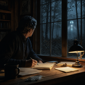 Ein Schriftsteller sitzt nachts an einem Tisch in einer abgelegenen Hutte, waehrend draussen hinter dem Fenster ein unheimliches Licht und eine schemenhafte nichtmenschliche Gestalt auftauchen, ohne Schrift oder Logos.