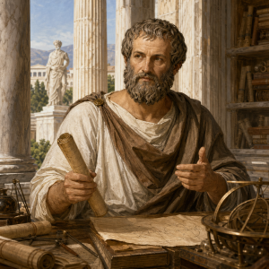 Antiker griechischer Philosoph mit Schriftrolle zwischen Saeulen, Manuskripten und hellem Tageslicht in einer klassischen Akademie ohne moderne Gegenstaende.