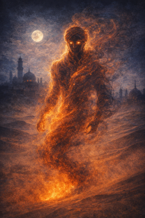 Eine schattenhafte, aus feinem Feuer und Rauch geformte Gestalt steht in einer Nachtlandschaft zwischen Sand, Wind und fernem Licht, ohne Schrift oder moderne Gegenstaende.