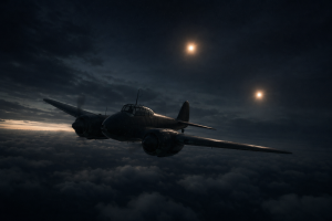 Ein Nachtjaegerflugzeug im dunklen Himmel, begleitet von zwei leuchtenden Kugeln.