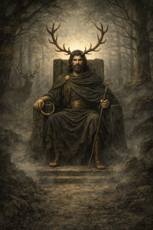 Geweihtragender Cernunnos sitzt ruhig in einem nebligen Wald mit Hirsch und Schlangenmotiv bei dae mmrigem Licht.