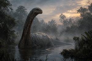Ein grosses langhalsiges Wesen taucht in einer nebligen zentralafrikanischen Sumpflandschaft zwischen dunklem Wasser, Schilf und dichtem Regenwald auf, ohne Schrift oder moderne Gegenstaende.