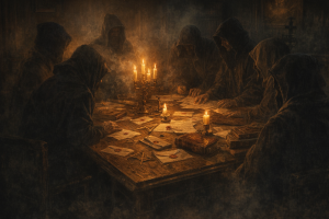Hooded figures in a candlelit secret chamber around papers, books and wax seals, without text or logos.