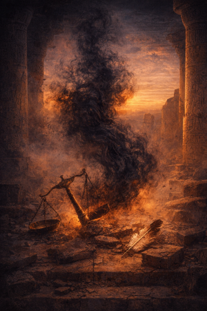 Dunkle chaotische Macht in einem zerbrochenen aegyptischen Tempel mit zerstreuter Waage und gefallener Feder im warmen Abendlicht.