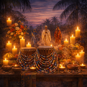 Symbolische Szenerie mit mehreren rituellen Altarselementen, Kerzen, Perlen, Trommeln, Blumen und tropischem Abendlicht, ohne Menschen oder Text.