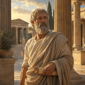 Ein nachdenklicher antiker Philosoph in hellem Gewand steht mit Schriftrolle in einer saeulengerahmten Akademie im warmen Licht der spaeten Sonne.