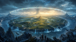 Weite mythische Landschaft mit menschlicher Siedlung, ringfoermigem Meer, Himmel und kosmischer Verbindung ohne Schrift oder Logos.