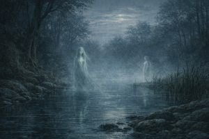 Nebliges mitteleuropaeisches Ufer mit stillem Wasser, Schilf und mehreren geisterhaft wirkenden wasserverbundenen Gestalten in der Daemmerung.