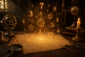 Leuchtende Zahlen und geometrische Formen schweben ueber einem alten Schreibtisch mit Zirkel, Pergament und warmem Licht, ohne Schrift oder Logos.