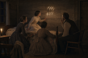 Historische Seance-Szene in einem einfachen Holzhaus: drei Frauen und ein Mann sitzen im warmen Kerzenlicht um ein Bett, waehrend an der Wand geheimnisvolle Klopfzeichen erscheinen.