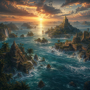 Eine tropische Inselwelt mit versunkenen Tempeln, brechenden Wellen und einem weiten Ozean im goldenen Abendlicht.