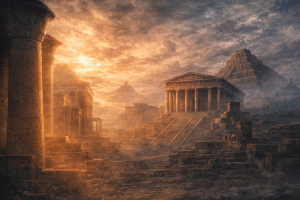 Symbolische Szene antiker Mythologie mit Tempelarchitektur und goettlicher Atmosphaere.