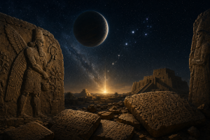 Ein dunkler Planet schwebt ueber mesopotamischen Ruinen und Tontafeln unter einem sternklaren Himmel, ohne Schrift oder Logos.