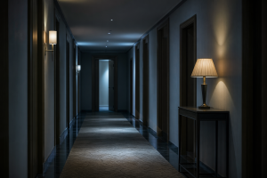 Ein halb dunkler Hotelflur mit auslassender Zimmernummernfolge, kaltem Licht und einer angespannten, stillen Atmosphaere ohne Schrift oder Logos.