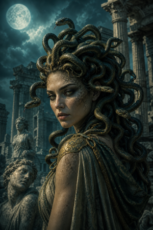Medusa mit Schlangenhaaren vor antiken Ruinen im Mondlicht ohne Schrift oder moderne Elemente.