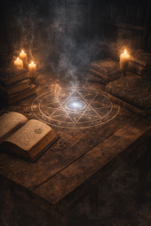 Ritualhafte Szene mit alten Symbolen, Kerzenlicht und okkulter Atmosphaere ohne Schrift.