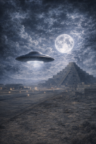 Nachthimmel mit leuchtendem UFO ueber abgelegener Landschaft ohne Schrift.