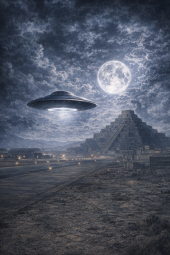 Nachthimmel mit leuchtendem UFO ueber abgelegener Landschaft ohne Schrift.