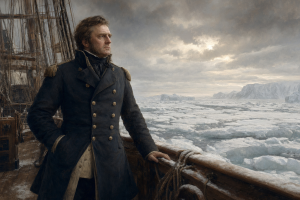 Britischer Marineoffizier auf dem Deck eines Polarschiffes vor Packeis und grauem Himmel, ohne Schrift oder moderne Gegenstaende.