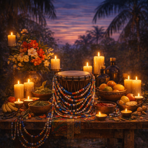 Afro-kubanischer Ritualaltar mit Kerzen, Blumen, bunten Perlen, einer Trommel und Schalen bei tropischer Abendstimmung, ohne Menschen oder Text.