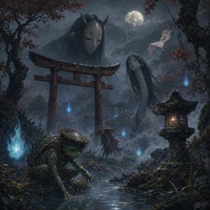 Mehrere japanische Yokai in einer nebligen Schreinlandschaft mit Torii, Fuchsfeuer, Wasser und geisterhaften Gestalten ohne Schrift.