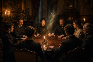 Mehrere Personen sitzen in einem abgedunkelten Salon um einen runden Tisch bei Kerzenlicht, waehrend angespannte Aufmerksamkeit und eine leicht unheimliche Atmosphaere den Raum praegen.