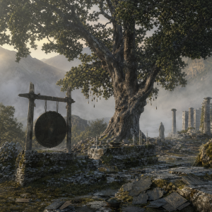 Heilige Eiche in einer nebligen Berglandschaft mit antiken Ruinen, Bronzegong und verstreuten Opfertafeln.