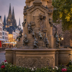 Stone fountain with Heinzelmaennchen figures in Cologne old town, Cologne Cathedral in the background, no text.